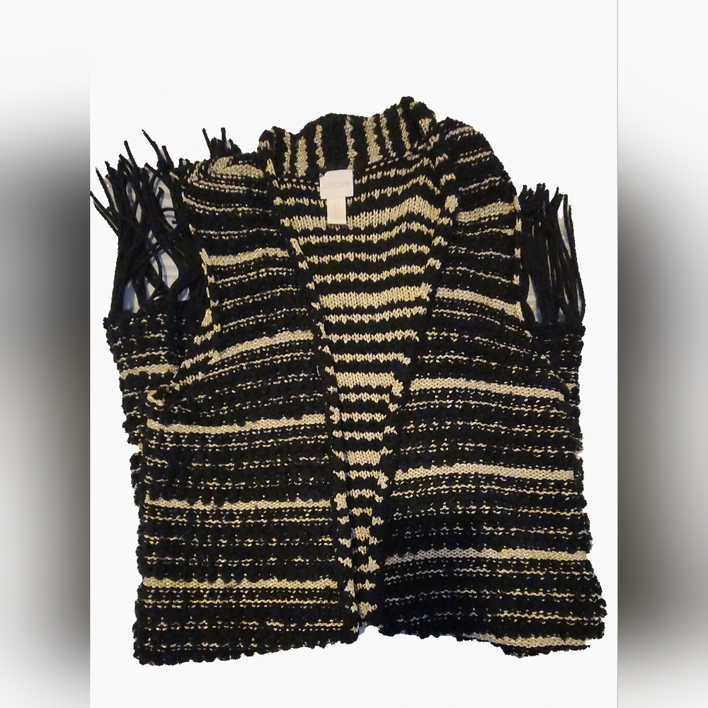 Chicos Black and‎ Gold Striped Fringe Vest